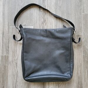 Longchamp Black Leather Shoulder Bag Expandable Tote Eggplant Accents France